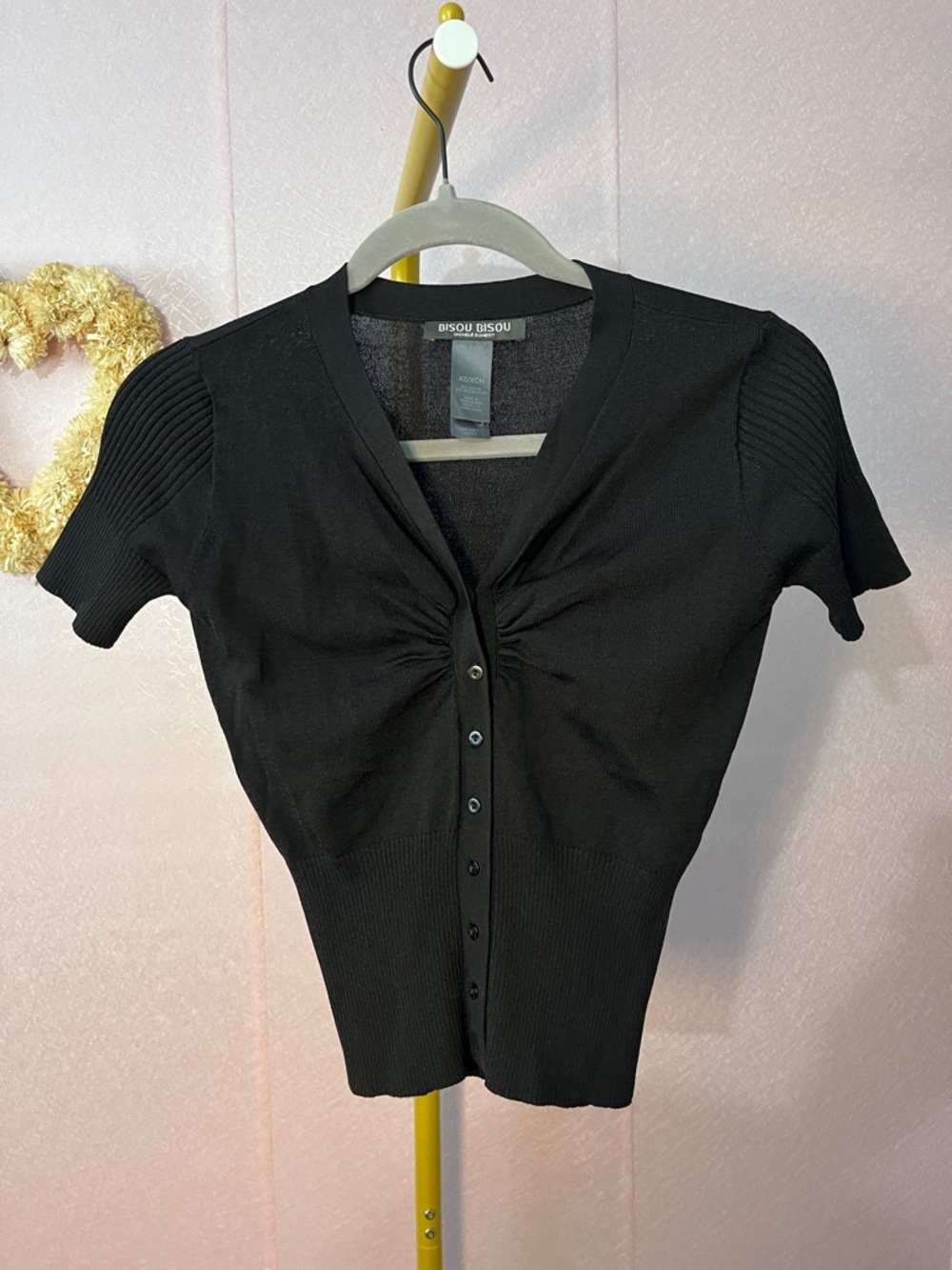 Bisou Bisou Black Short-Sleeve Ruched Button-Up Knit Top
